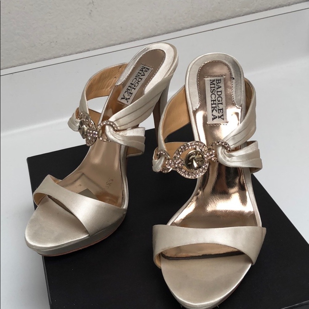 Badgley Mischka jeweled ivory satin heels